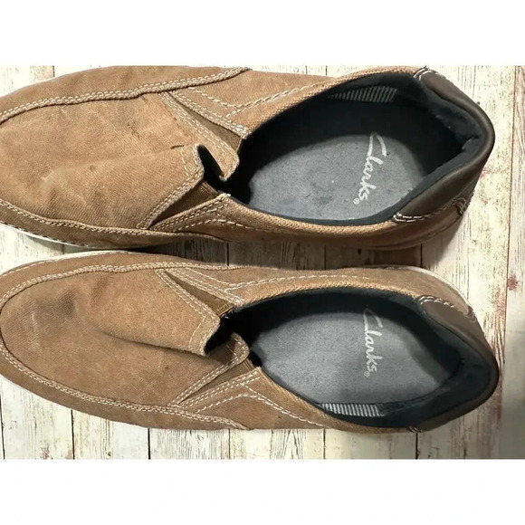 Clarks Slip-On Shoe Canvas Size 10.5 Brown Walking Casual Comfy Rubber Sole - Picture 7 of 11
